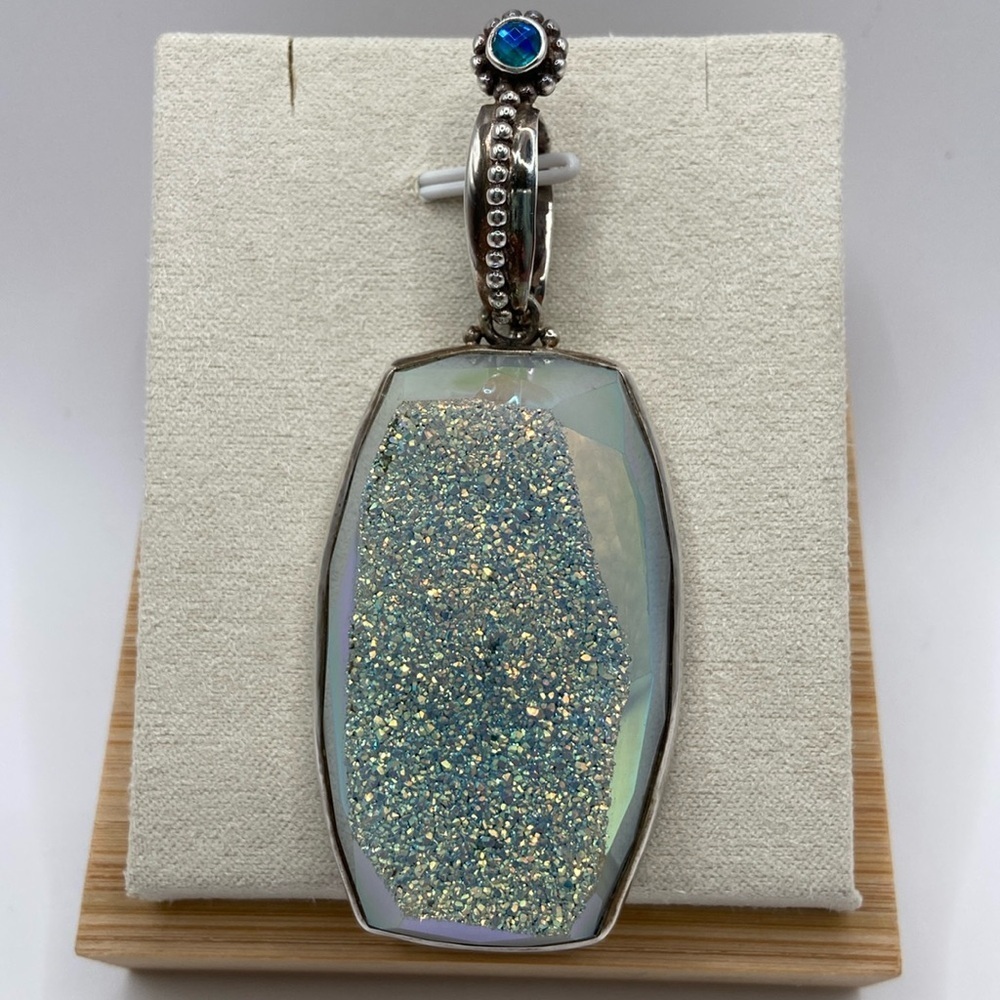 Sterling Silver 925 Large Druzy Quartz Blue Mystic Quartz Pendant